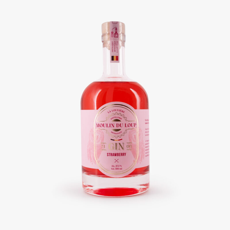 Etiquette du gin à la fraise du Moulin du Loup